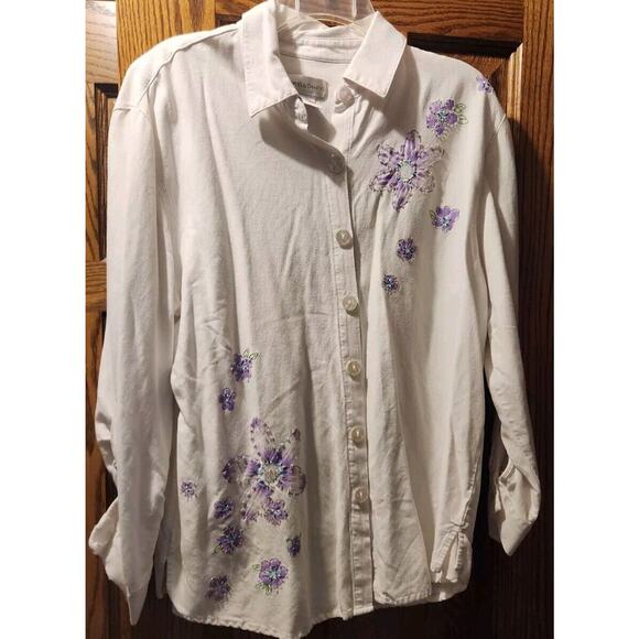 Draper'S & Damon'S Tops - Women's Drapers & Damons White Embroidered/Beaded Button Long Sleeve Shirt Sz L